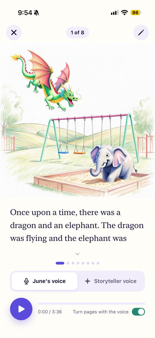 A child's story shown as an illustrated picture book page, read in the child's own voice