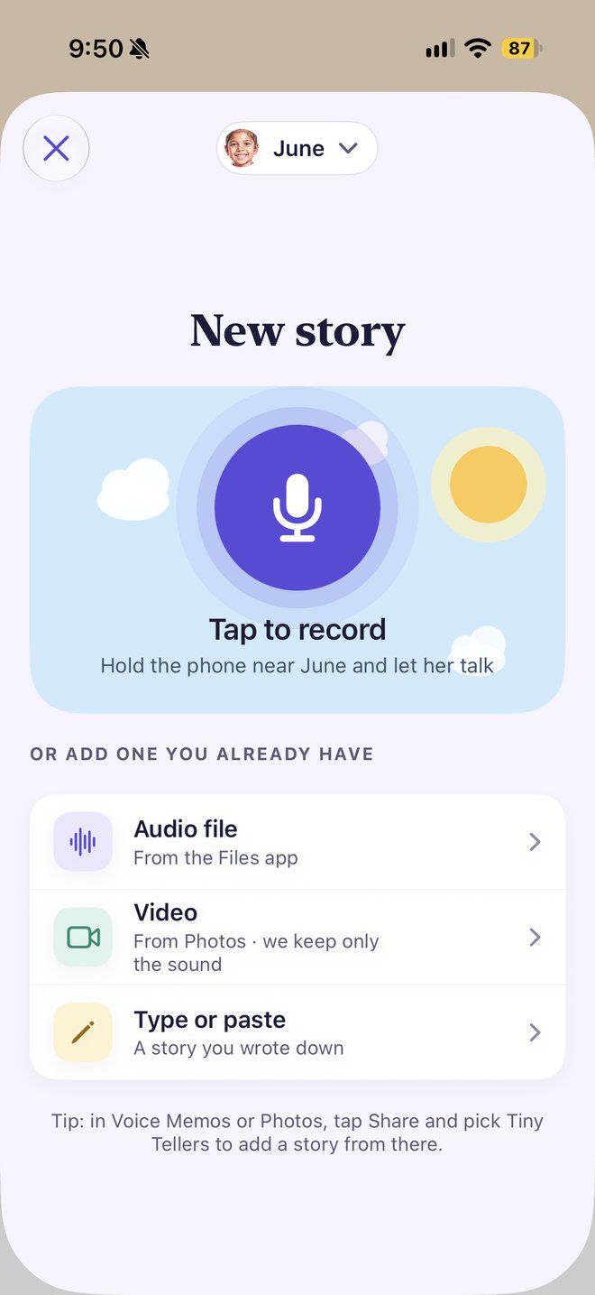 Tiny Tellers new story screen with a big record button